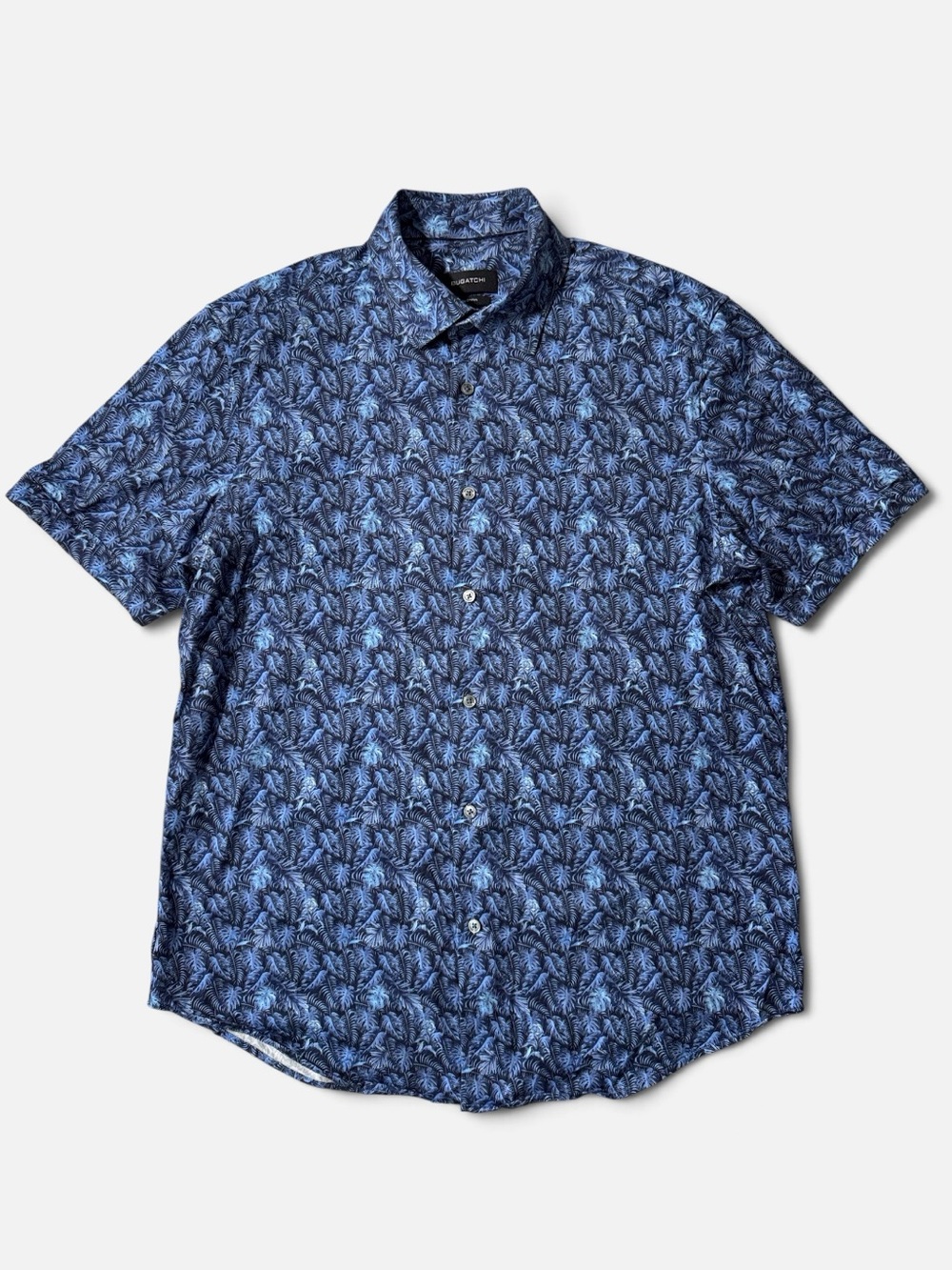 Bugatchi mens L Large blue floral 8 way stretch short sleeve button up shirt